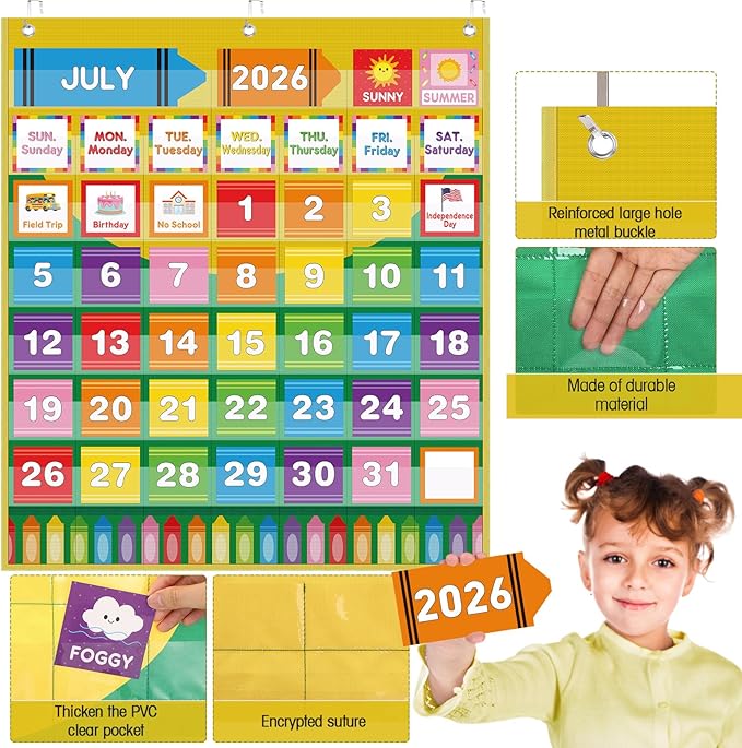 Sinload Classroom Calendar Pocket Chart Set Calendar Bulletin Board Set Seasons Festival Weather Pocket Chart for Classroom Decoration Back to School Supplies(Crayon)