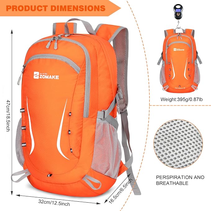 ZOMAKE Lightweight Packable Backpack 35L, Foldable Backpacks Water Resistant Collapsible Light Daypack for Hiking(Orange) | Light Hiking Backpacks Water Resistant Collapsible Day Pack for Travel, Everyday Carry, Multi-Pocket Layout, Heavy Duty Nylon