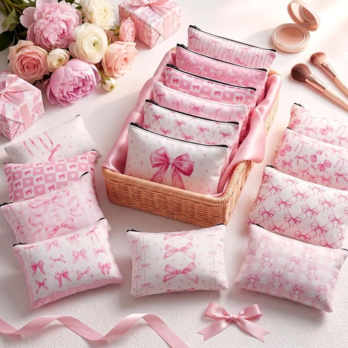 Reginary 24 Pcs Pink Bow Makeup Bags Coquette Bow Cosmetic Bags with Zippers Coquette Party Favors Pink Aesthetic Elegant Pouch Bulk Gifts for Women Stuff Christmas Birthday Supplies Travel Accessory