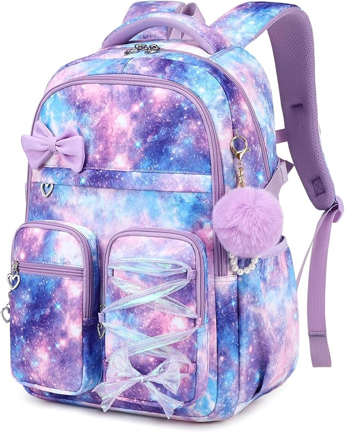 MOONBABY Kids Backpack for Girls, Fits 15.6 Inch Laptop Large Capacity School Bookbag, Girls Backpack with Lovely Pendant, Back to School Bag for Elementary Primary Students Teen Ages 6-12, Purple