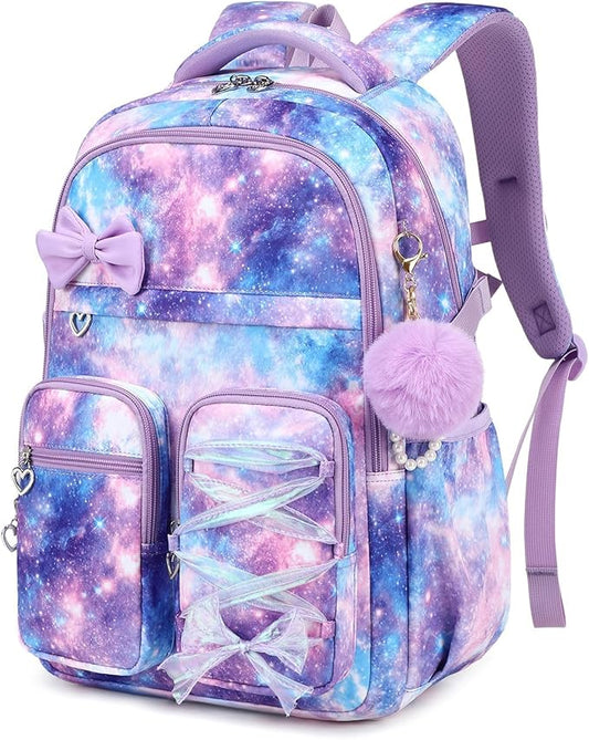 MOONBABY Kids Backpack for Girls, Fits 15.6 Inch Laptop Large Capacity School Bookbag, Girls Backpack with Lovely Pendant, Back to School Bag for Elementary Primary Students Teen Ages 6-12, Purple