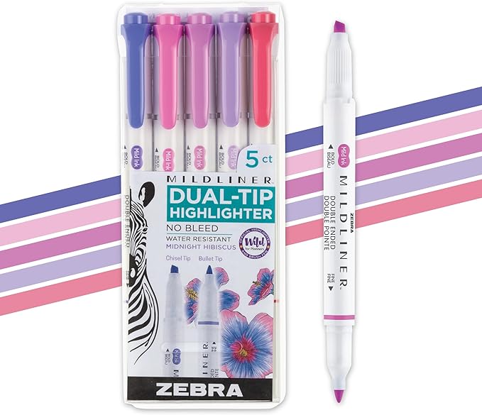 Zebra Pen Mildliner Dual-Tip Highlighter Set, Broad and Fine Tips, No Bleed, Ideal for Bible Highlighting, Journaling and Note-Taking, Assorted Midnight Hibiscus Ink Colors, 5-Pack (78375)