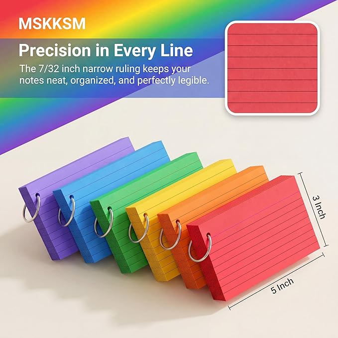 Colored Index Cards 3x5 Inch with Ring - 288 Count Neon Colored Ruled Index Flash Cards for Studying, Lined Index Note Cards 3x5 Flashcards, Notecards 3 x 5 Lined Small Index Cards Ruled 6 Pack of 48