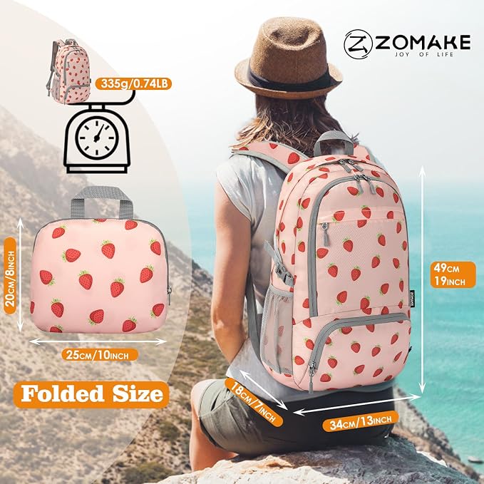 ZOMAKE Lightweight Packable Backpack 30L, Foldable Travel Hiking Daypack | Water Resistant Collapsible Backpacks, Folding Day Pack for Outdoor Camping Sport, Everyday Carry(Strawberry print)