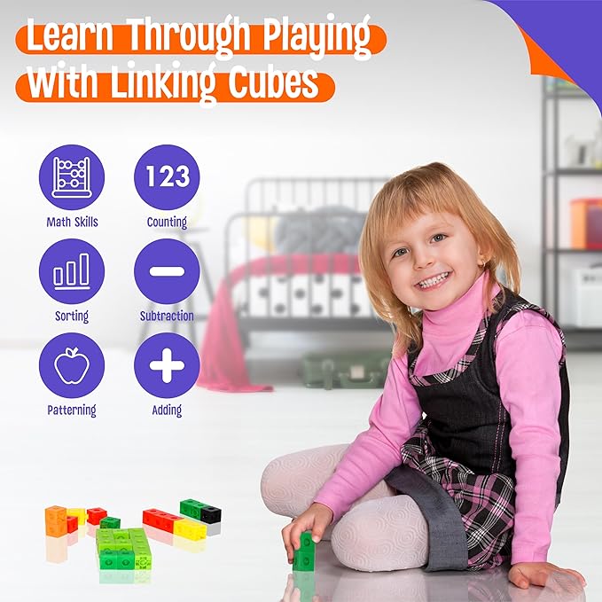 100 Math Linking Cubes, Math Cubes with 384 Reusable Stickers-Letters, Numbers, Shapes, Manipulative Geometric Connecting and Counting Blocks, Educational Toy for Kids Math Learning and Fun Activities