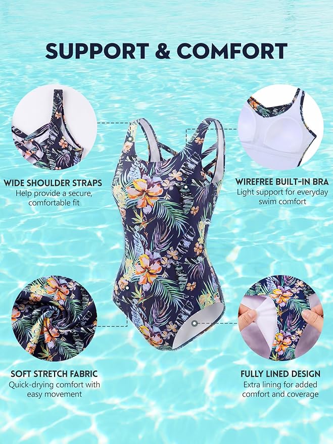 Modest Full Coverage One Piece Swimsuit Floral Bathing Suit Criss Cross Back Swimwear with Built-in Bra
