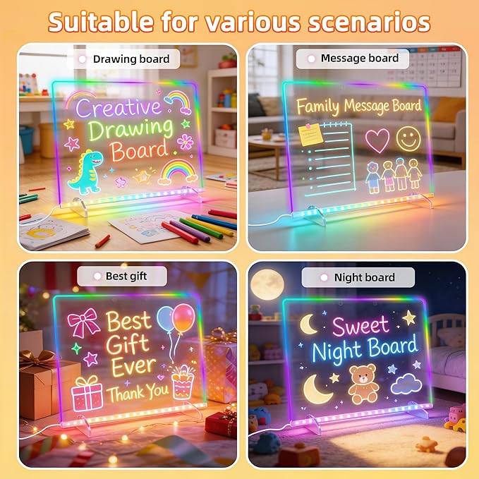LED Note Board with Colors, 13.7"X10" 6 Modes & 8 Colors Acrylic Dry Erase Boards with Light, Led Drawing Board for Kids with Stand,Birthday Holiday Day Gifts for Girls & Boys Age 3+