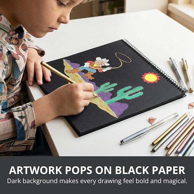 Roaring Spring Black Paper Sketch Book 9" x 9" – 25 Sheets, 70 lb. Heavyweight Pages, Top Spiral Bound, Perforated Acid-Free Drawing Pad for Gel Pens, Metallic Markers, Colored Pencils & Art Projects