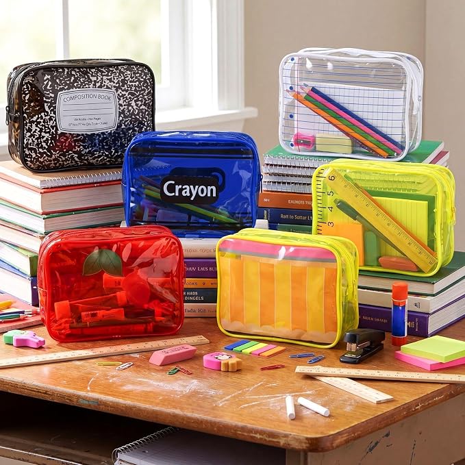 Suclain 12 Pack Back to School Teacher Gift, Teacher Survival Kit Bag, Stationery Zipper Cosmetic Pouches, Transparent PVC Pencil Case Waterproof Toiletry Makeup Bag for School Supplies, Travel