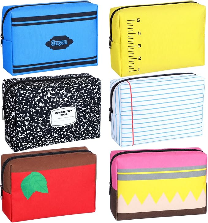 Kacctyen 6 Pack Back to School Teacher Gifts Bulk Teacher Pencil Pouch Makeup Bags Survival Kit Notebook Apple Crayon Pencil Designs Cosmetic Bags Pouch for First Day of School Stationery Party Favors