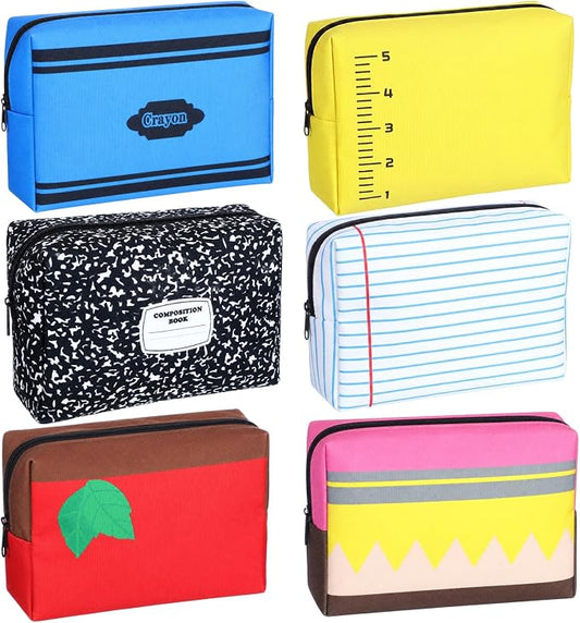 Kacctyen 6 Pack Back to School Teacher Gifts Bulk Teacher Pencil Pouch Makeup Bags Survival Kit Notebook Apple Crayon Pencil Designs Cosmetic Bags Pouch for First Day of School Stationery Party Favors