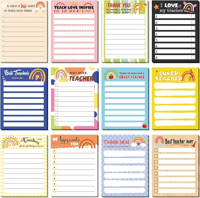 Pajean 12 Pcs End of Year Teacher Gifts Teacher Appreciation Notepad Gift Sets Lined Notepads to Do List Memo Notepads for Graduation Present Colored Cute Sticky Paper Notes Supplies(Rainbow Style)