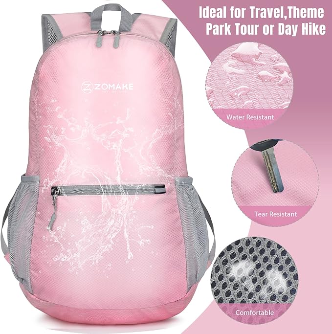 ZOMAKE Ultra Lightweight Hiking Backpack 20L, Packable Small Backpacks Water Resistant Daypack for Women Men(Light Pink)