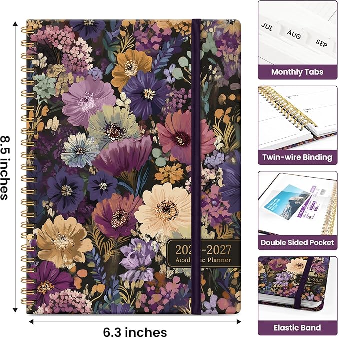 Planner 2026-2027, Academic Year Monthly and Weekly Calendar Planner, Jul 2026 - Jun 2027, Hardcover Teacher Student Planning Agenda book with Tabs, Perfect for School Office Supplies, 6.3" x 8.5" - Midnight Bloom