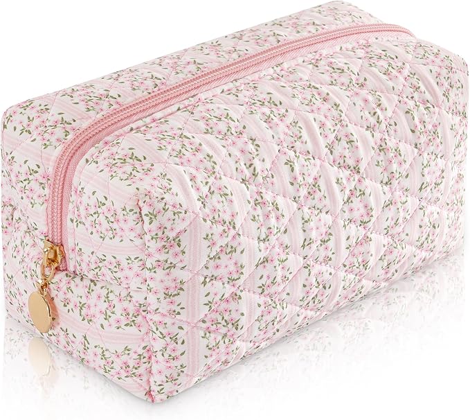 Makeup Bag Travel Toiletry Bag for Women, Small Cosmetic Bags Cute Quilted Cotton Makeup Pouch for Purse Emergency Bag Pencil Case Accessory Bag, Pastel Pink