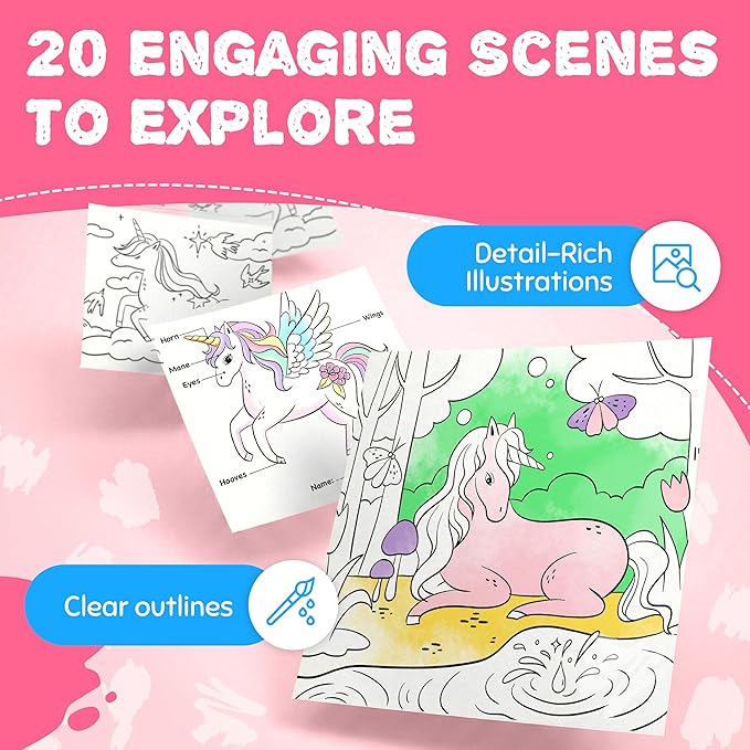 JoyCat Find & Color Paint with Water Coloring Books for Toddlers, Educational Seek and Find, No Mess Art & Craft Toy, Fun Learning Activity for Kids Ages 3-5 4-8, Gift for Girls Boys (Magical Pony)