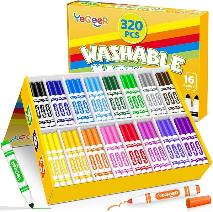 YEGEER 320 Count Washable Markers Bulk – 16 Assorted Colors, Broad Tip Markers for Kids, Teachers, and Classroom Supplies, Perfect for Art and Coloring.(320)
