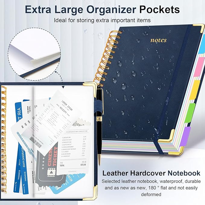 Hardcover Spiral Notebook 8"x10" Journal Notebook with Tabs and Removable Dividers 300 Pages 5 Subject Notebook College Ruled, Faux Leather Spiral Bound Notebook for Women School Work (Dark Blue)