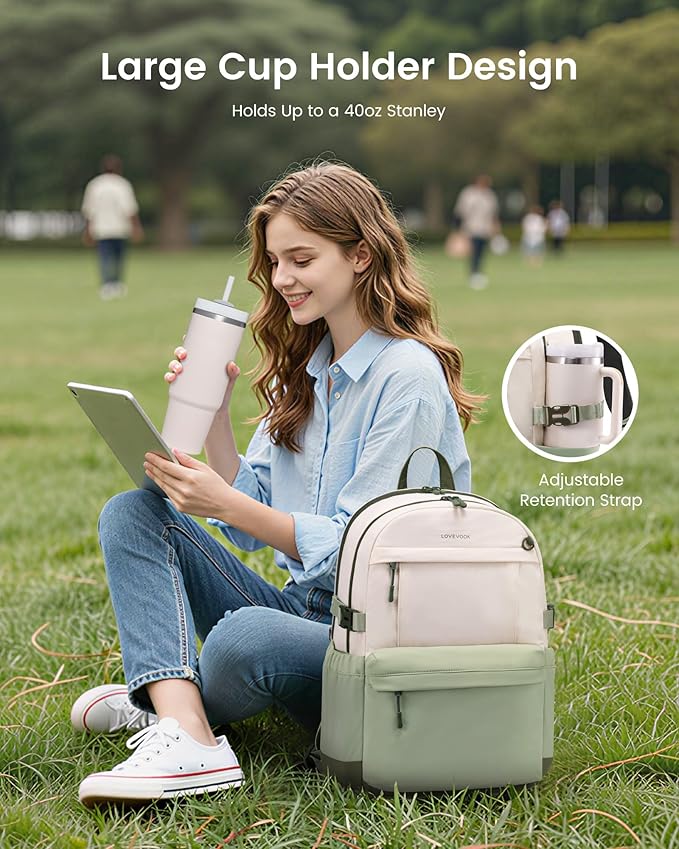 LOVEVOOK Laptop Backpack for Women with Giant Tumbler Holder,17.3 Inch Laptop Computer Bag Travel Backpack Purse,Waterproof Work Business Backpack College Bookbag Teacher Bags,Beige-Mint Green