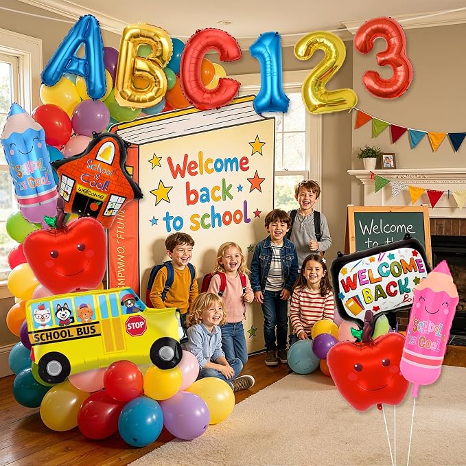 Back to School Balloons,Back to School Decorations,ABC 123 Foil Balloons | 13PCS Back to School Balloon with School Bus,Apples,Pencils, Welcome Balloon for Classroom, Kindergarten, First Day of School