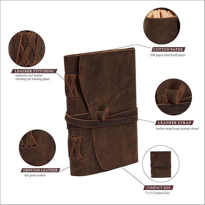 Leather Journal Travel Diary, Handmade Vintage Bound Notebook for Men & Women, Antique Finish, Genuine Buffalo Leather- Quality Lined Brown Paper Perfect for Notes, Art Sketchbook, 7X5 Inches, Brown