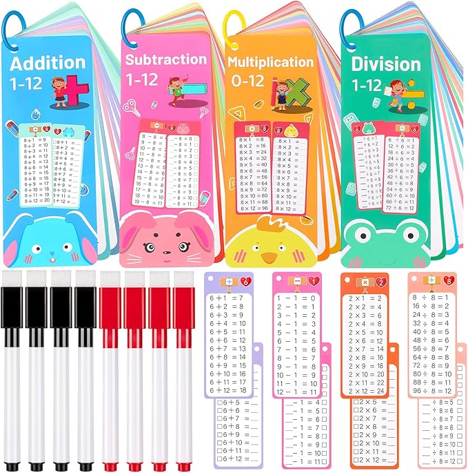 60Pcs Multiplication Division Addition and Subtraction Flash Card, Math Flash Cards with 8 Dry Erase Pens 4 Rings, Time Table Flash Cards for 1st to 3rd Grades Fun Learning with Math Game