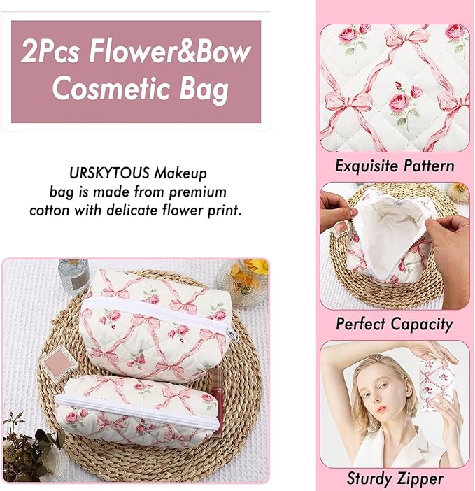 URSKYTOUS 2Pcs Cotton Quilted Makeup Bag for Women Girls Coquette Cosmetic Bag Cute Zipper Pink Bow Pencil Pouch Aesthetic Portable Travel Toiletry Bag Trendy Essentials Skincare Makeup Brush Pouch