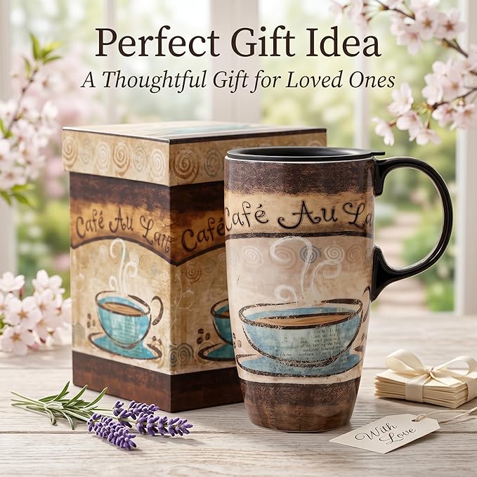 Topadorn 17oz Ceramic Travel Mug with Lid, Vintage Café Au Lait Coffee Cup, Spill Proof Microwave & Dishwasher Safe Mug, Gift Box Included