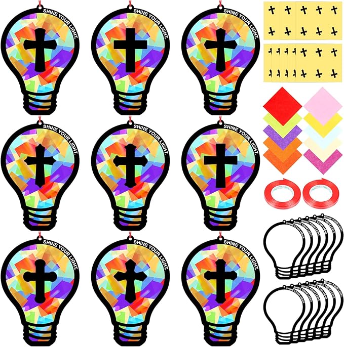 Renbuzhu 48PCS Sunday School VBS Crafts Bulk: Paper Lightbulb Cross Nativity Suncatchers, Jesus Religious Christian Activity DIY Kits Church Decorations, Window Stained Glass Effect Art Supplies
