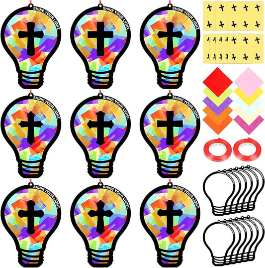 Renbuzhu 48PCS Sunday School VBS Crafts Bulk: Paper Lightbulb Cross Nativity Suncatchers, Jesus Religious Christian Activity DIY Kits Church Decorations, Window Stained Glass Effect Art Supplies