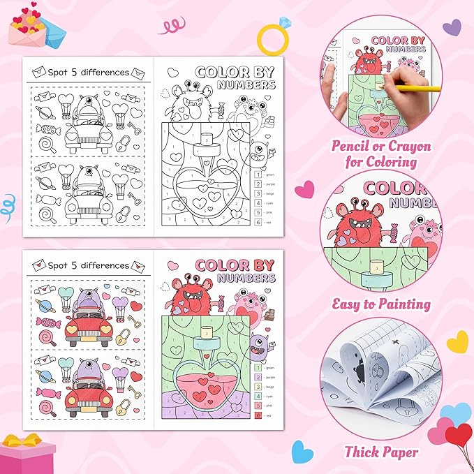 JAPBOR Valentine's Day Activity Coloring Book - 24PCS Mini Valentine Monster Activities Color Books Bulk for Kid Party Favor, Monsters Small Colouring Pages for Birthday Gifts Class Draw Paint Games