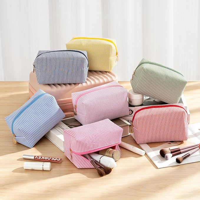 Makeup Bag Travel Toiletry Bag for Women, Small Cosmetic Bags Cute Stripe Blue Aesthetic Organizer Makeup Pouch for Purse Emergency Bag Pencil Case Accessory Bag