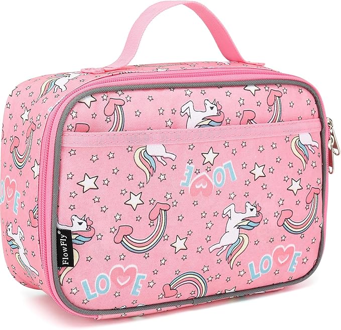 FlowFly Kids Lunch box Insulated Soft Bag Mini Cooler Back to School Thermal Meal Tote Kit for Girls, Boys, Unicorn