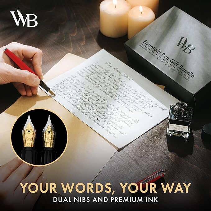 Wordsworth & Black Fountain Pen Set,18K Gilded Medium and Extra Fine Nib,25ML Black Ink Bottle,6 Ink Cartridges,Refill Converter, Gift Box, Smooth Writing Pens [Red Chrome],Gift Set for Men and Women