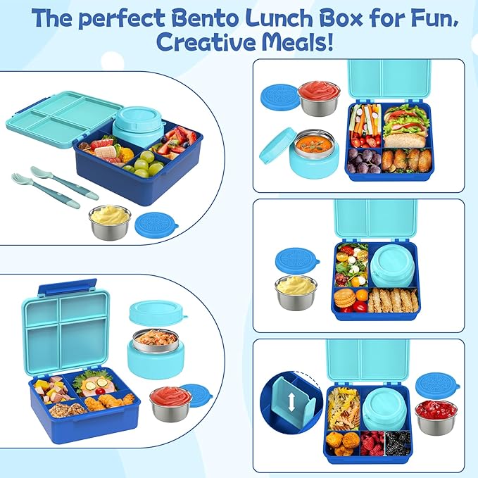 Aimsnk Kids Bento Lunch Box with 8oz Soup Thermo, Kids Leakproof Lunch Food Containers with 4 Compartment,Insulated Hot Food Jar with Lunch Bag for School, Travel (Blue)