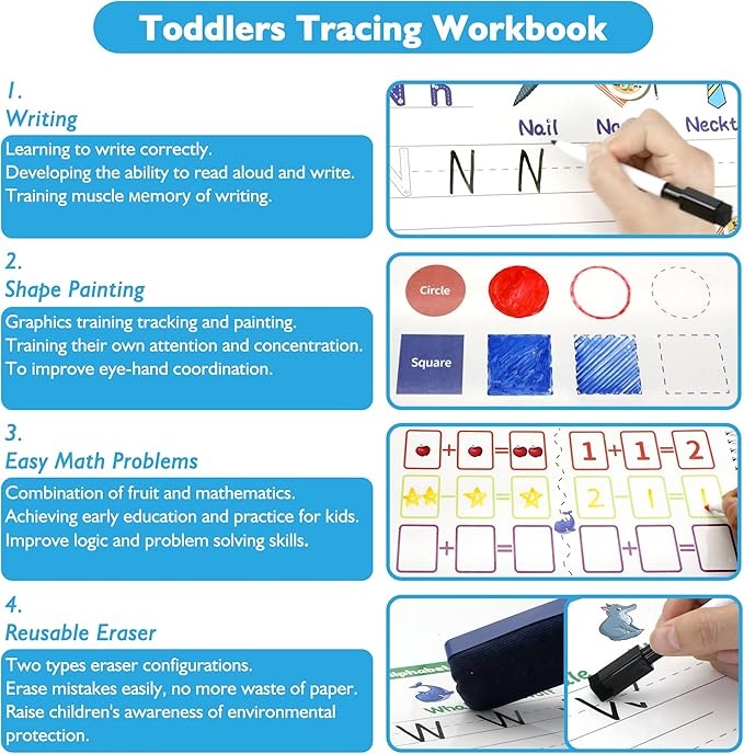Handwriting Practice Tracing Books for Kids Ages 3-5, Montessori Preschool Learning Activity, Autism Educational Learn Number Letters Shapes Animal & Sight Words Workbook with 8 Dry Erase Markers