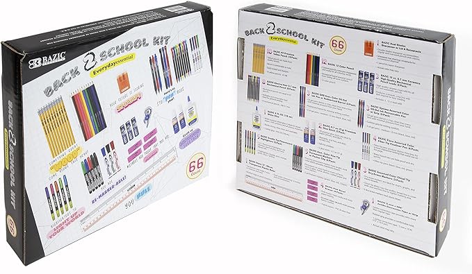 BAZIC PRODUCTS School Supplies Kit – 66 Piece Set for K–12 Students, Stationery Essentials with Colored Pencils, Markers, Pencils, Glue, Erasers, Highlighters, & Correction Tape, 1-Pack