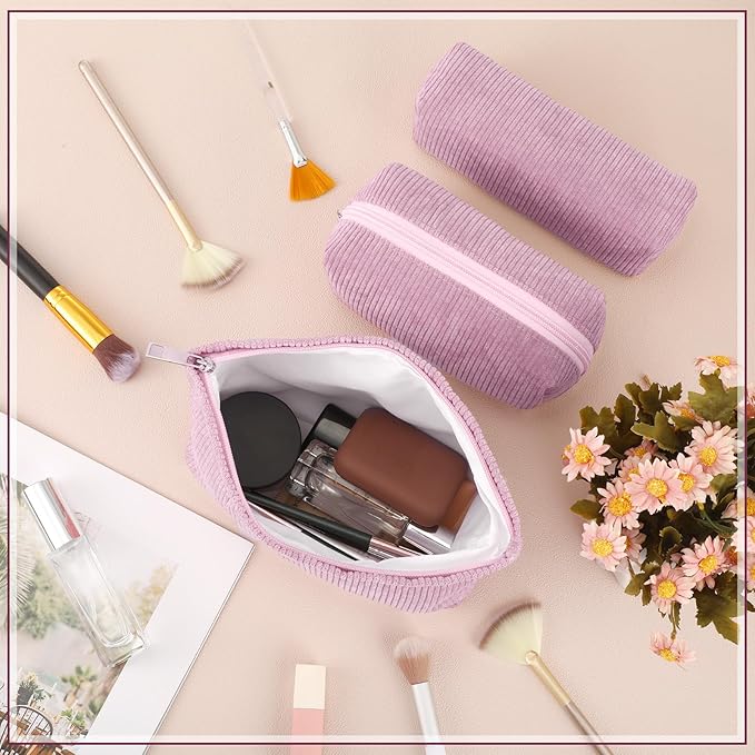 Huhumy 3 Pcs Makeup Bag Set for Women Corduroy Cosmetic Pouch Aesthetic Smile Travel Toiletry Bag Cute Purse Pouch Pencil Case Makeup Brushes Storage Organizer with Zipper(Rose Pink,Solid Style)