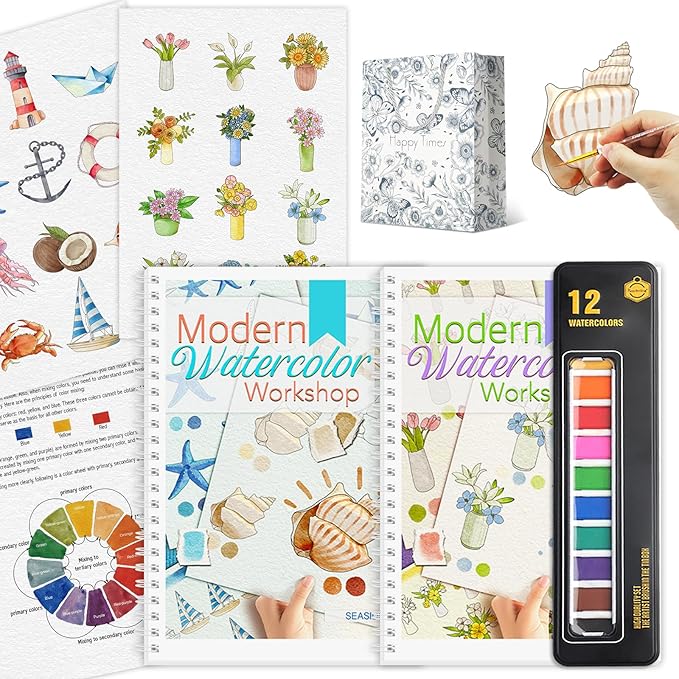 2Pcs Watercolor Workbook Beginner Friendly Watercolor Workbook with 12 Colors Paint Color, Watercolor Paper, Beginner Watercolor Painting Kit with Step by Step for Adults Teens Valentine's Day Gift