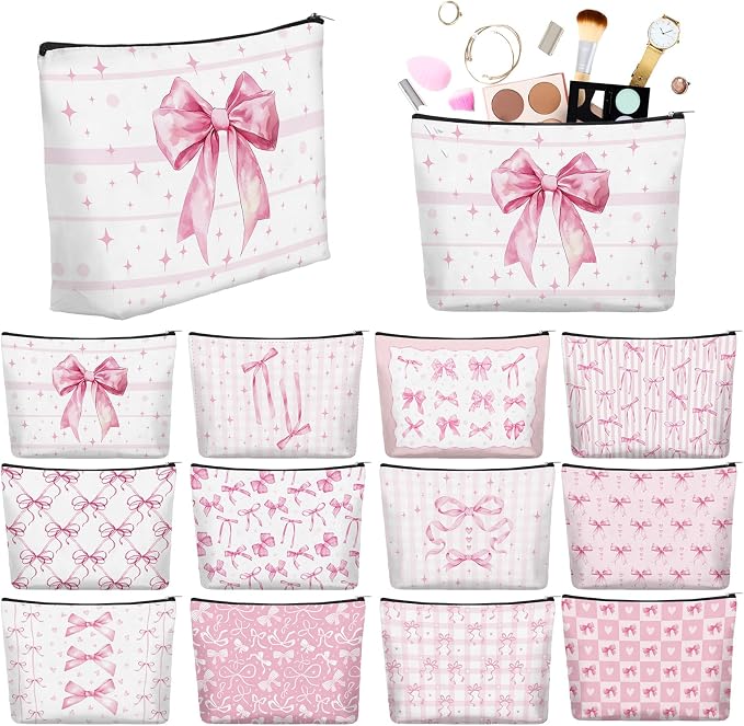 Reginary 12 Pcs Pink Bow Makeup Bags Coquette Bow Cosmetic Bags with Zippers Coquette Party Favors Pink Aesthetic Elegant Pouch Bulk Gifts for Women Mother's Day Birthday Supplies Travel Accessory