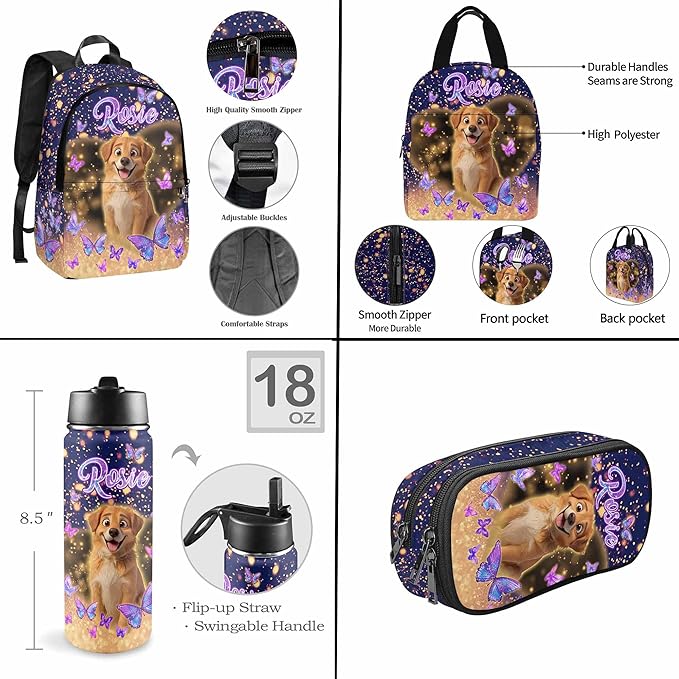 M YESCUSTOM Custom Girls Backpack with Pet Face Personalized School Bookbag with Lunch Bag Kids Backpacks for Girls Boys Elementary Preschool Cute Book Bag Daypack Travel Bag Water Bottle