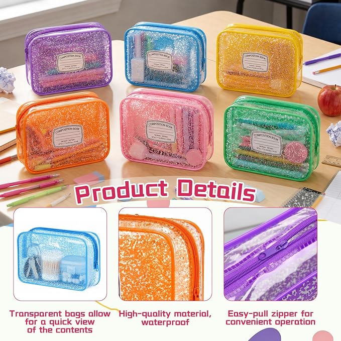 Suclain 12 Pcs Back to School Teacher Gift, Teacher Survival Kit Bag, Colorful Composition Book Zipper Cosmetic Pouches, Transparent PVC Pencil Case Waterproof Toiletry Makeup Bag for School Supplies