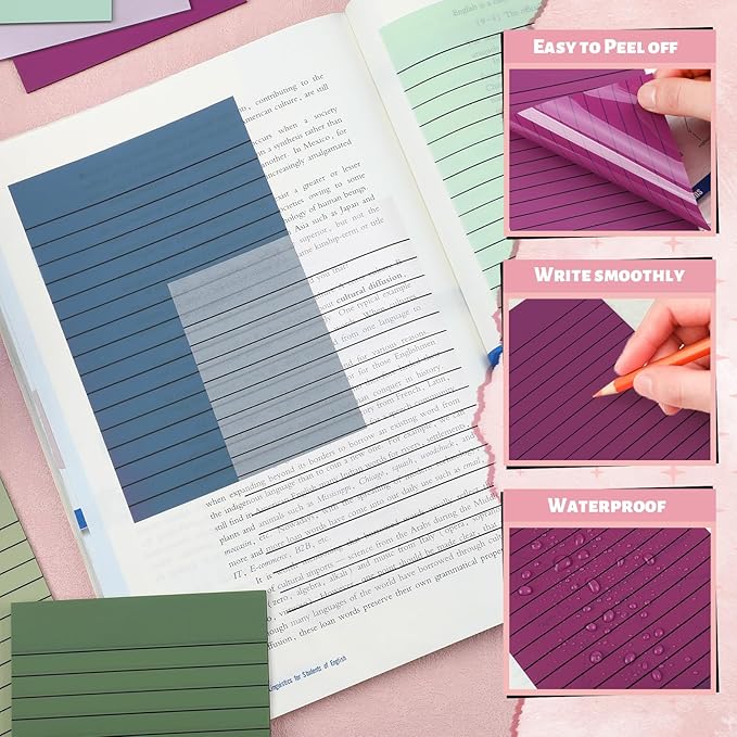 Yinder 8 Pack Pastel Transparent Sticky Notes Translucent Clear Lined Self Stick Note, Back to School Gifts for Bible Tabs, Book Tabs, School Supplies Office, 30 Sheets/Pack, 4 x 6'' (Morandi Color)
