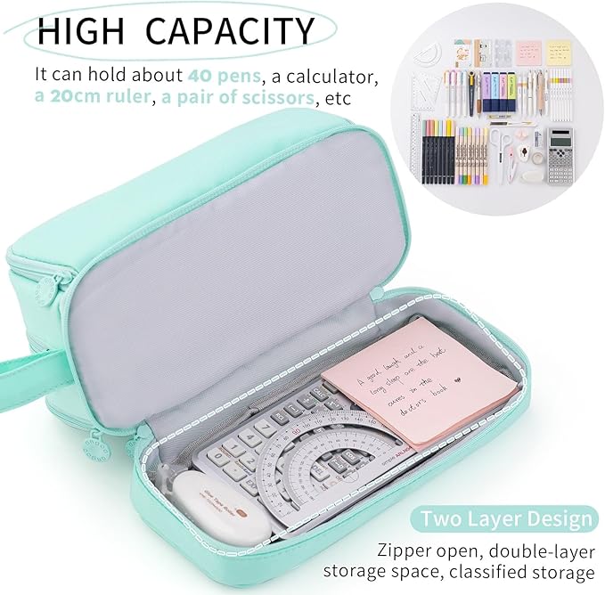 CICIMELON Large Capacity Pen Pencil Case with 4 Compartments, Multi-Slot Pencil Pouch Bag Aesthetic School Supplies Organizer for Teens Adults (Mint Green)