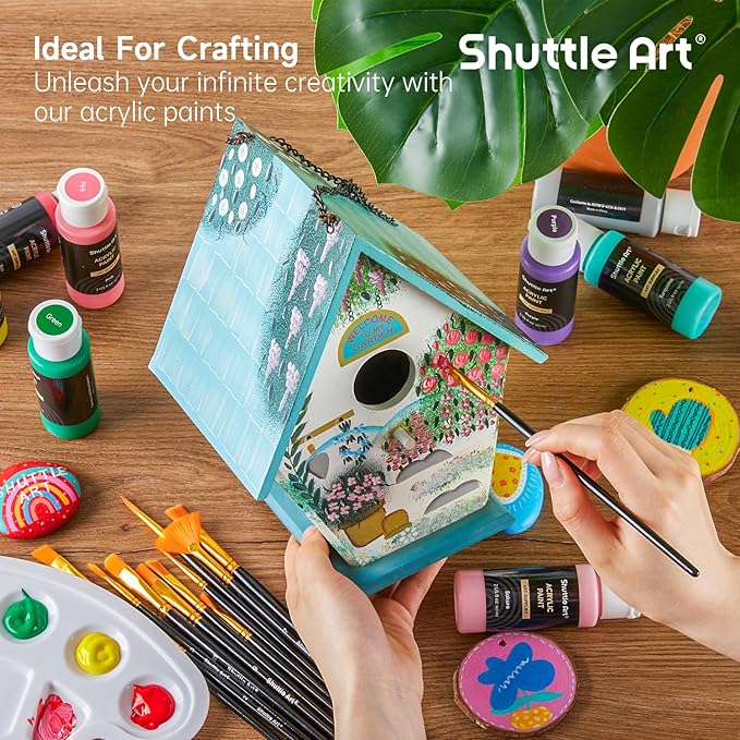 Shuttle Art 80 Colors Acrylic Paint, Acrylic Paint set with 12 Paint Brushes, 2oz/60ml Bottles, Rich Pigmented, Premium Paints for Artists, Beginners and Kids on Canvas Rocks Wood Ceramic