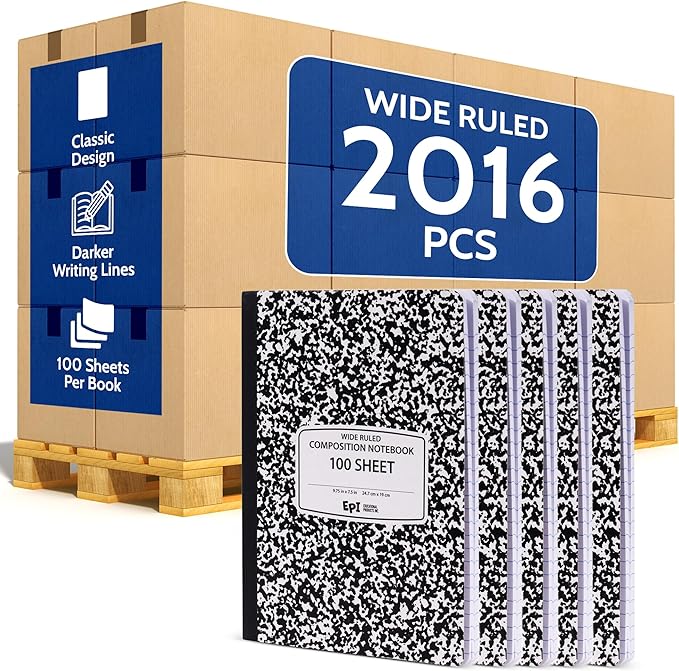 2016 Pack (Pallet) EPI Wide Ruled Composition Notebook Bulk, 200 pages (100 Sheets), 9-3/4 x 7-1/2, Black Marble, Bulk School Supplies, Heavy Duty, Durable Office Notebooks, Sturdy Sewn Binding