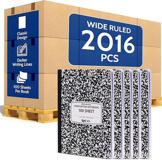 2016 Pack (Pallet) EPI Wide Ruled Composition Notebook Bulk, 200 pages (100 Sheets), 9-3/4 x 7-1/2, Black Marble, Bulk School Supplies, Heavy Duty, Durable Office Notebooks, Sturdy Sewn Binding