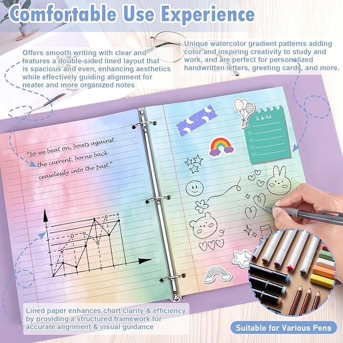 500 Sheets 8" × 10.5" Colored Wide Ruled Filler Paper for Letter Size 3-Ring Binder 11/32" Spacing Colored Loose Leaf Paper Wide Ruled Paper Refills 3-Hole Punched Watercolor 80GSM for School Office
