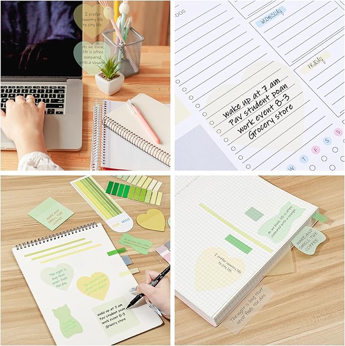 BAYTORY 850 Sheets Transparent Sticky Notes with Permanent Markers, Clear 3 x 3 inch Sticky Note to Post Book Annotation Kit, See Through Self-Adhesive Index Tabs for Bible Journaling (Green)