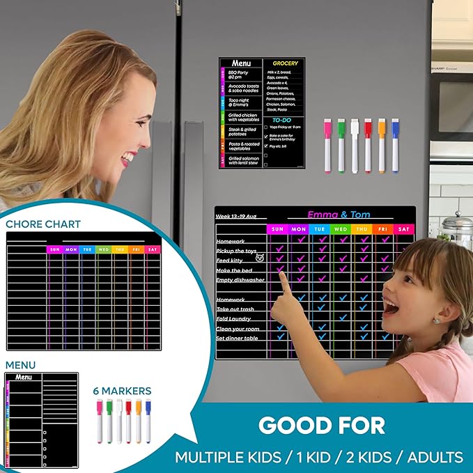 Magnetic Chore Chart Dry Erase Blackboard Set - Pocket Charts - Chores Chart for Multiple Kids, Teens & Adults (11.5"x 15"), Daily Meal Plann (7"x 9") - Family Schedule Planners & 6 Fine Tip Markers